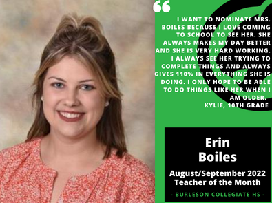 Erin Boiles August/September 2022 Teacher of the Month